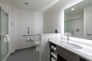 A modern bathroom with a glass shower enclosure, a white toilet, a vanity with a sink, and a mirror.