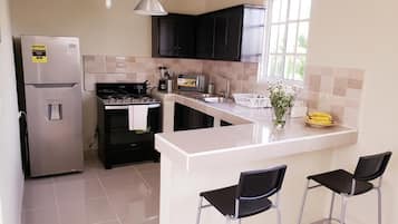 Apartment | Private kitchen | Fridge, microwave, stovetop, high chair
