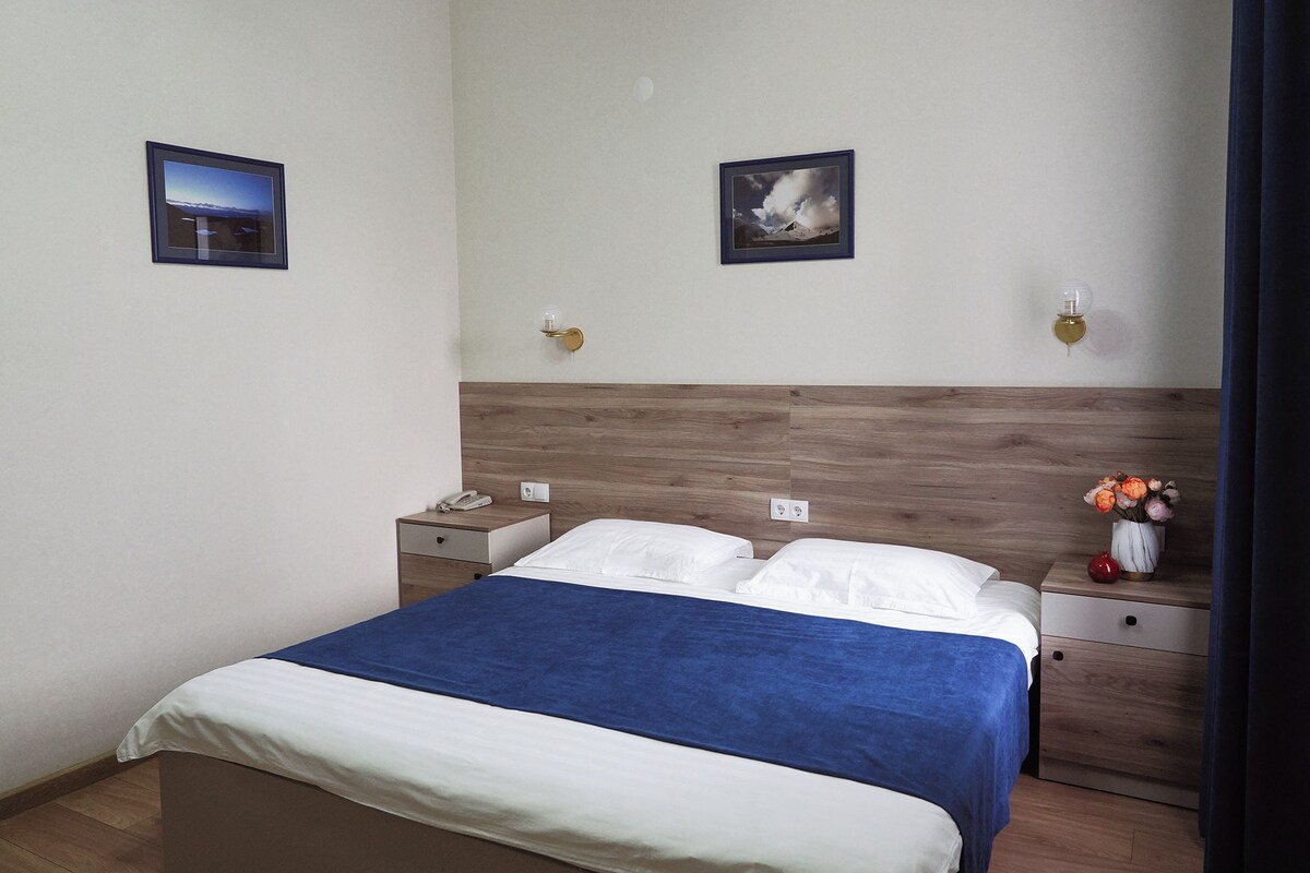 A bedroom with a bed, bedside tables, a nightstand, and two wall-mounted lamps.