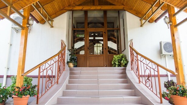 A wooden staircase leading to a door with glass panels, flanked by potted plants. - Hotel Asia Mountains 2 (Bishkek)