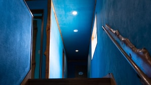 Un pasillo estrecho con paredes azules y detalles de madera, que conduce a una puerta al final.