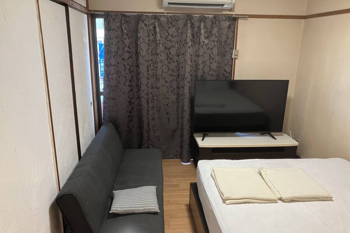 A room with a sofa, a bed, a TV, and a window with curtains.