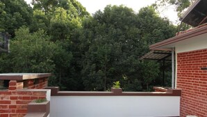 A rooftop terrace with a brick wall, a green and white checkered floor, and a large tree in the background. - Silu Homes (Lalitpur)