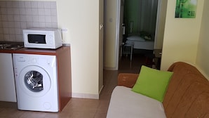 A compact living space with a washing machine, microwave, and a kitchenette. A brown sofa with green cushions is in the foreground. - Apartments Aurora (Zadar)