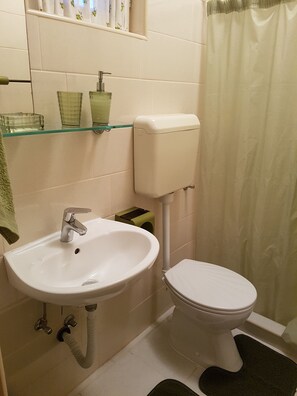 Ein Badezimmer mit einem weißen Waschbecken, einer Toilette und einem Glasregal darüber.