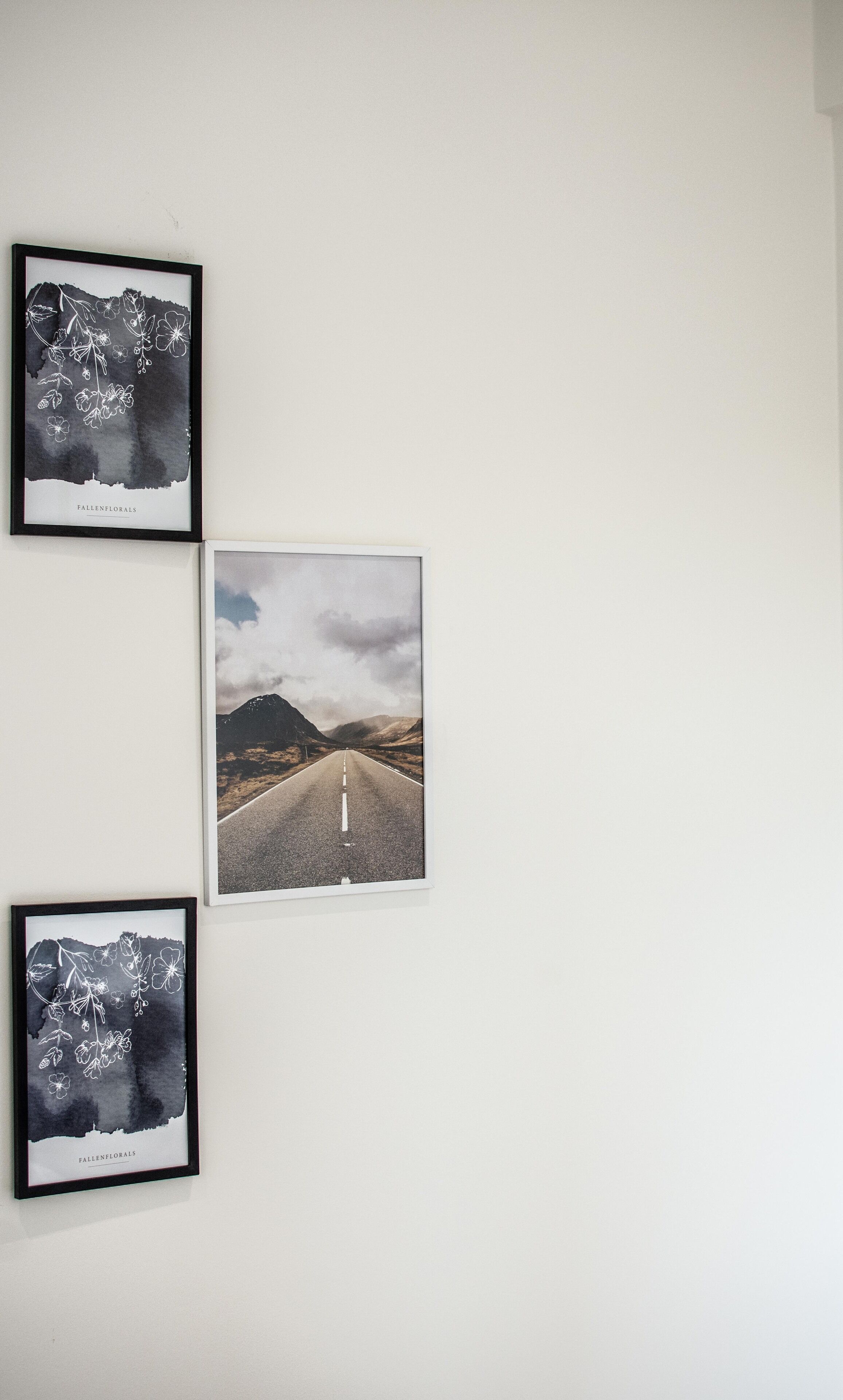 Three framed pictures on a wall: two of 'Fallen Florals' and one of a road with mountains.