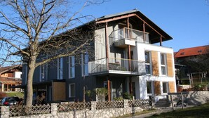 A modern two-story house with a balcony, a stone wall in front, and a tree to the left. - Apartment 1 with mountain view (Söllhuben)