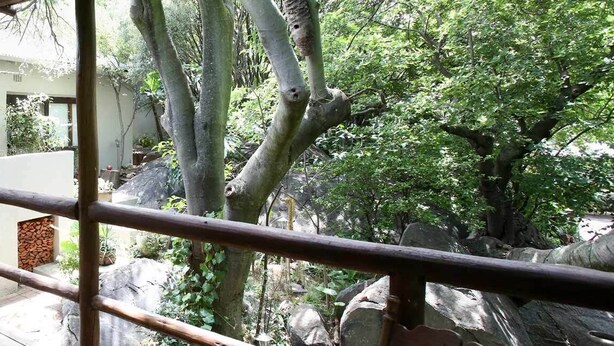 Un espace extérieur aménagé, abrité et doté d’une terrasse en bois, d’un canapé et d’une rambarde.