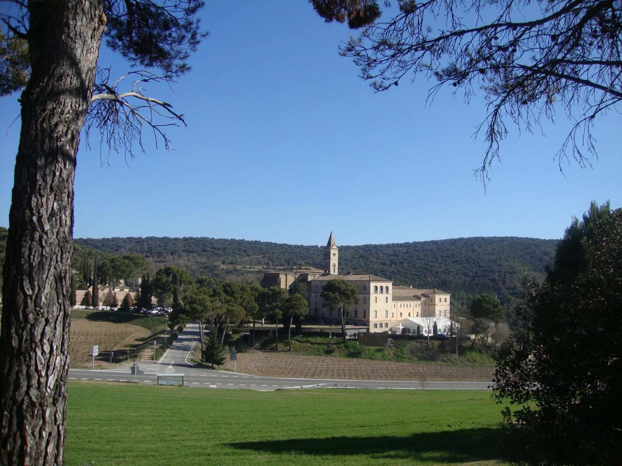 A historic building with a prominent tower, surrounded by lush greenery and a clear sky.