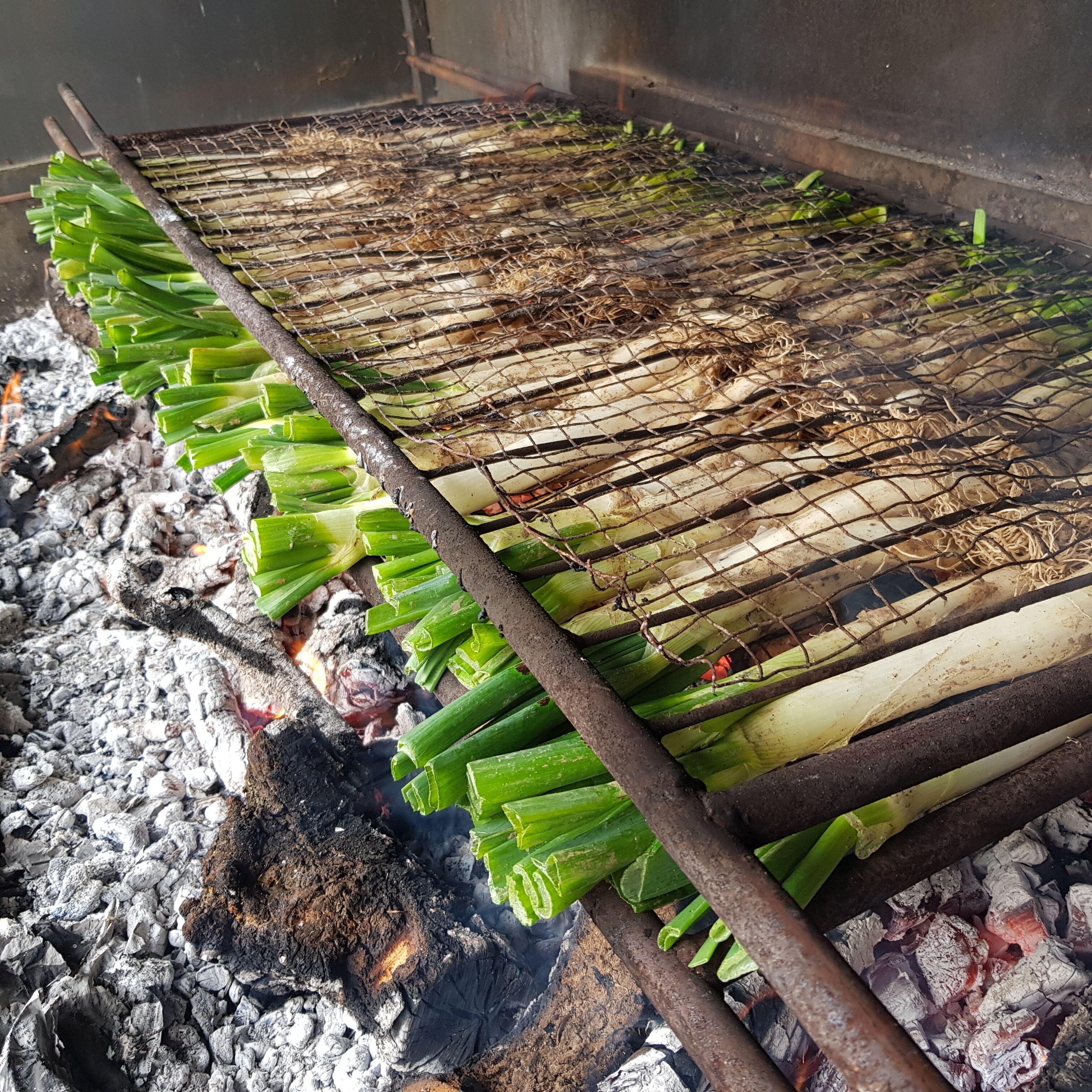 Una parrilla con verduras verdes y carbón.