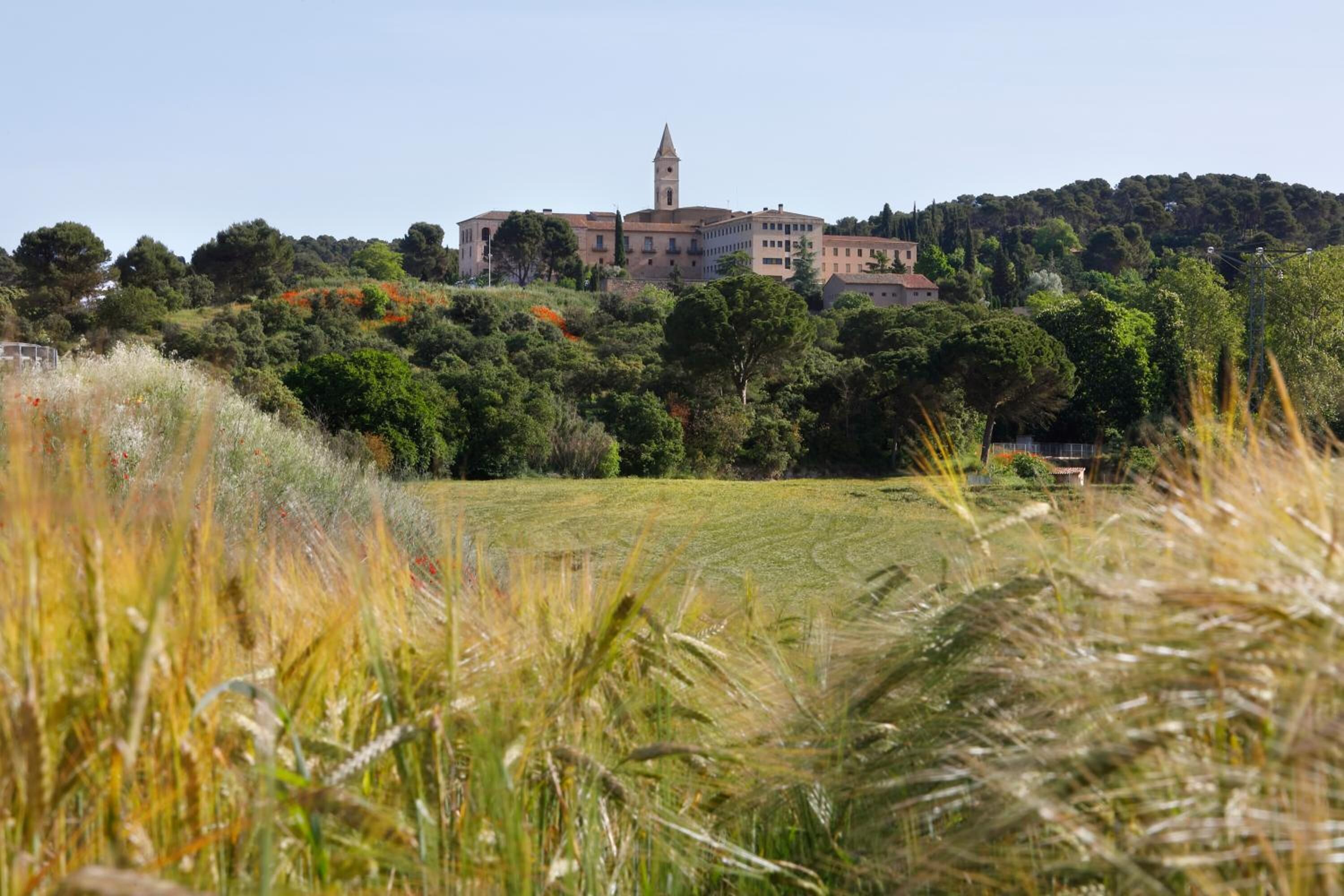 A large building with a tower, surrounded by lush greenery and fields.