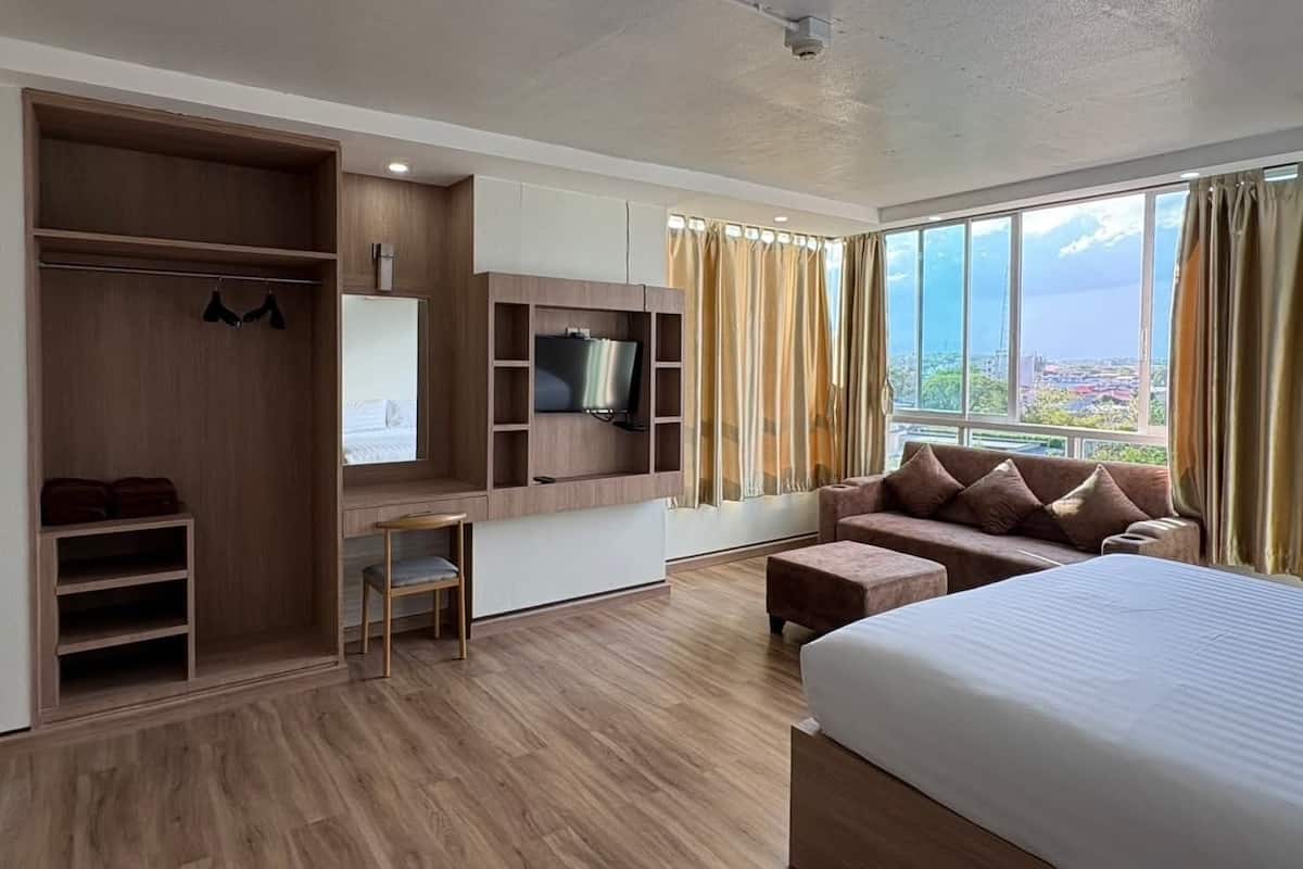 A hotel room with a bed, a sofa, a TV mounted on a wooden wall, a wardrobe, and a window with a city view.