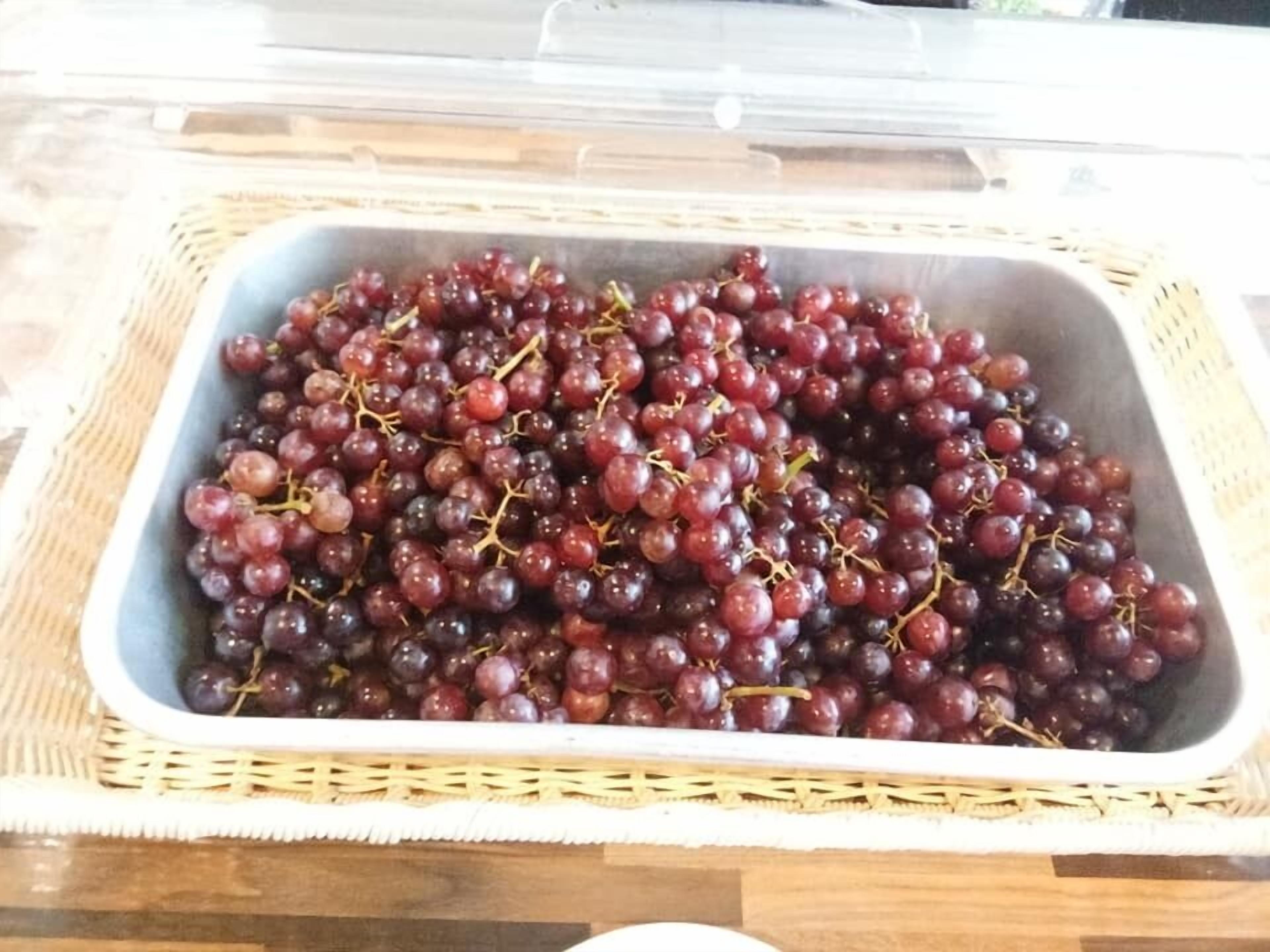 Uma bandeja com uvas vermelhas sobre um sousbento de palha.