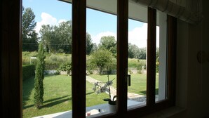 A room with a large window overlooking a well-maintained garden.