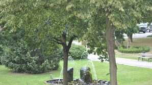 A park with a fountain surrounded by trees and a bench. - Caesaro Hotel & Pizzeria (Hagen am Teuteburger Wald)