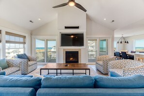 TV, fireplace, DVD player, foosball