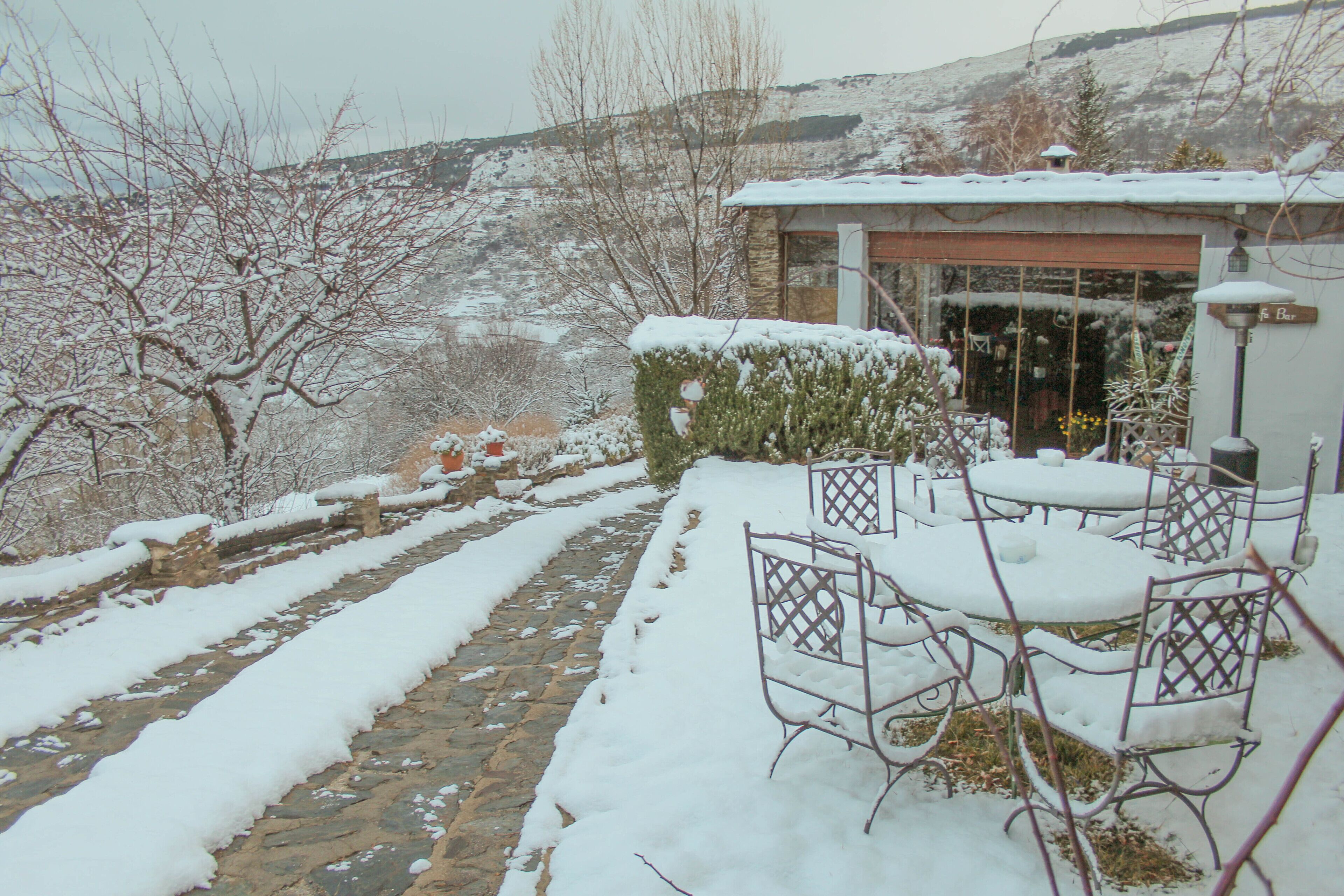 A snow-covered outdoor seating area with stone steps leading up to a building.