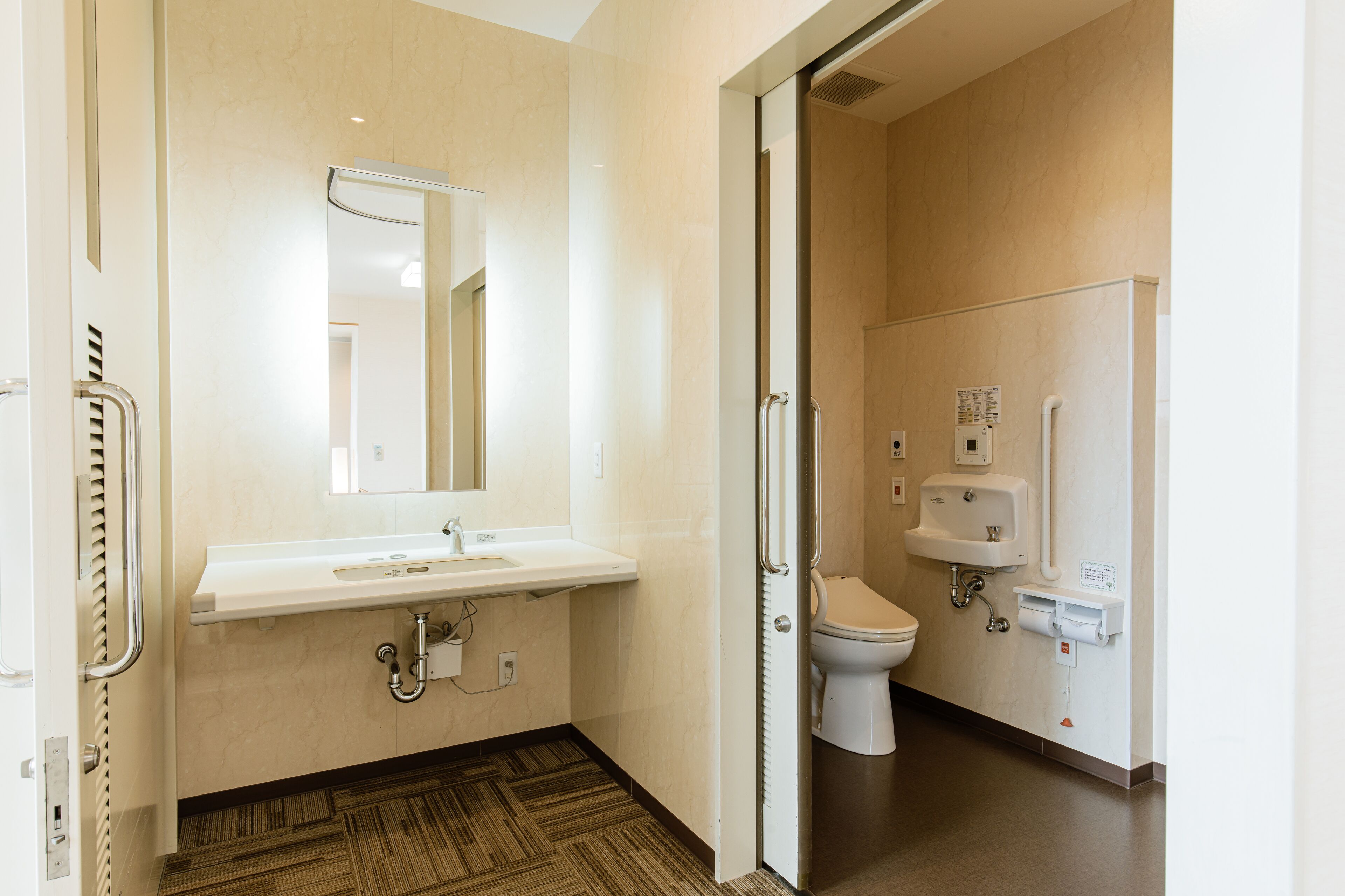 A modern bathroom with a sink, mirror, toilet, and handrails.