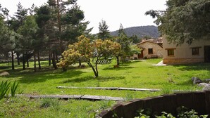A rustic stone building with a tiled roof, surrounded by a grassy area with trees and a picnic table. - Finca La Cerquilla in Segovia (one hour from Madrid) (Ventosilla y Tejadilla)