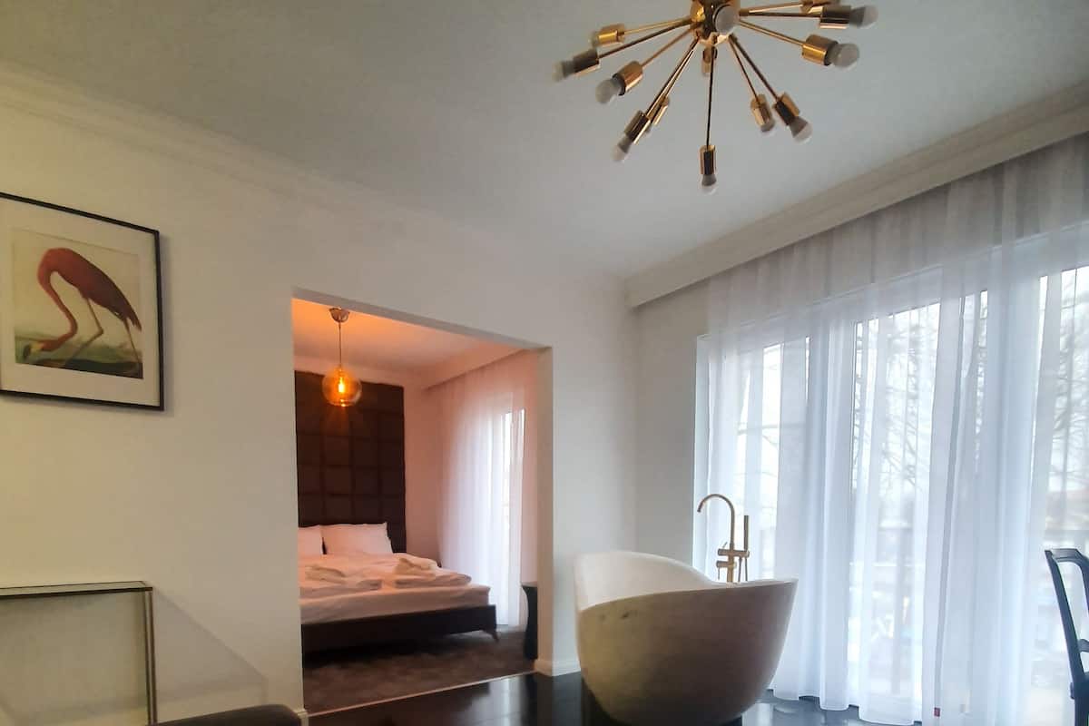 A modern bedroom with a large bed, a bathtub, and a view of the outdoors through sheer curtains.