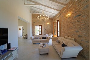 Télévision, cheminée, lecteur de DVD, livres