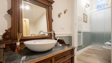 Shower, hair dryer, bidet, towels
