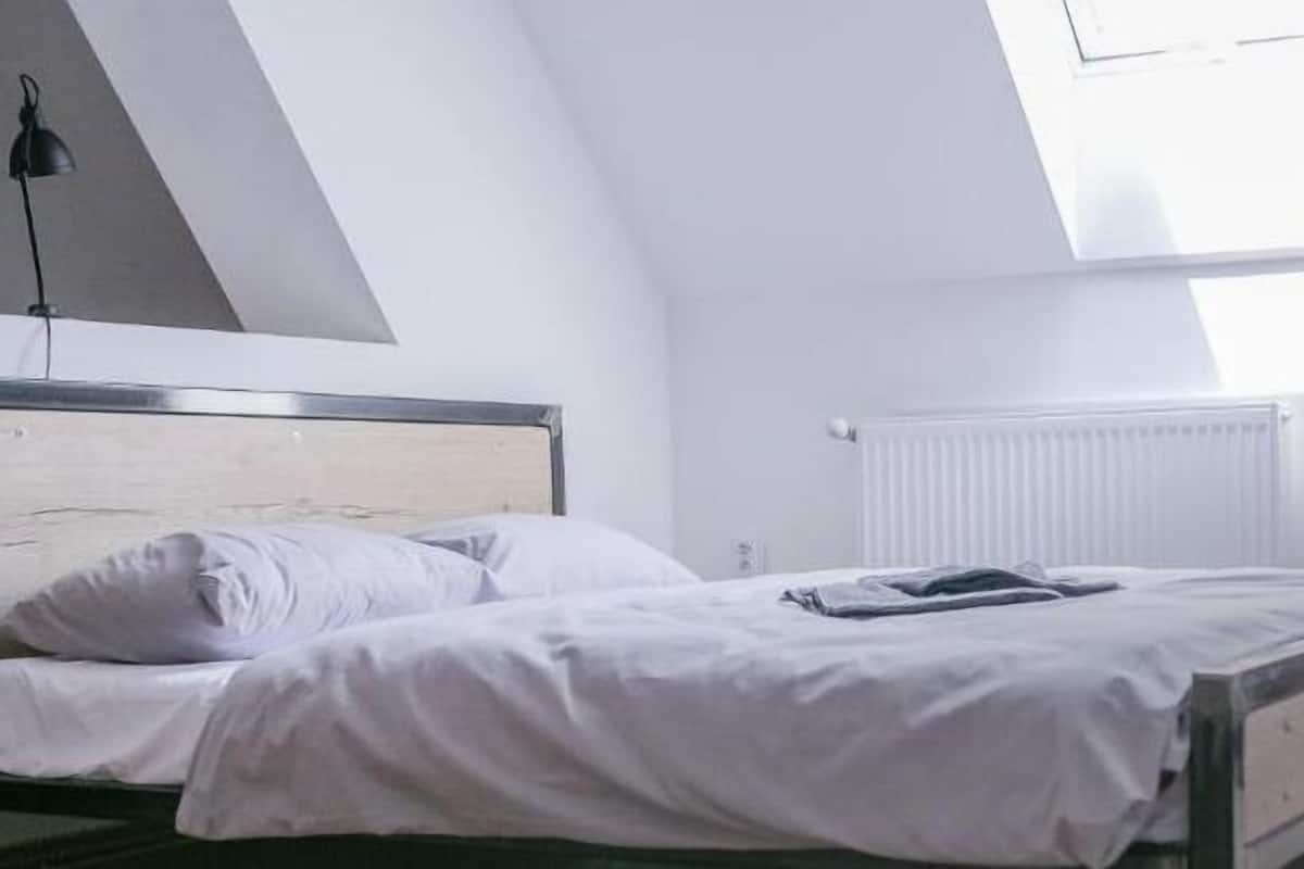 A bedroom with two beds, a skylight, and a radiator.