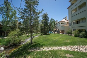 A courtyard with a small stream, surrounded by trees and a pool area.