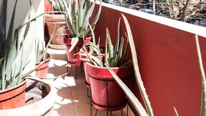 Un balcón con plantas en macetas y sillas rojas.