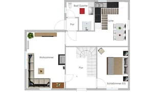 Plan d’étage d’une chambre d’hôtel comprenant un salon, une chambre, une salle de bain et un coin cuisine.