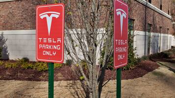 Two red parking signs with the Tesla logo and text "TESLA PARKING ONLY" in front of a building with a brick facade and a tree.