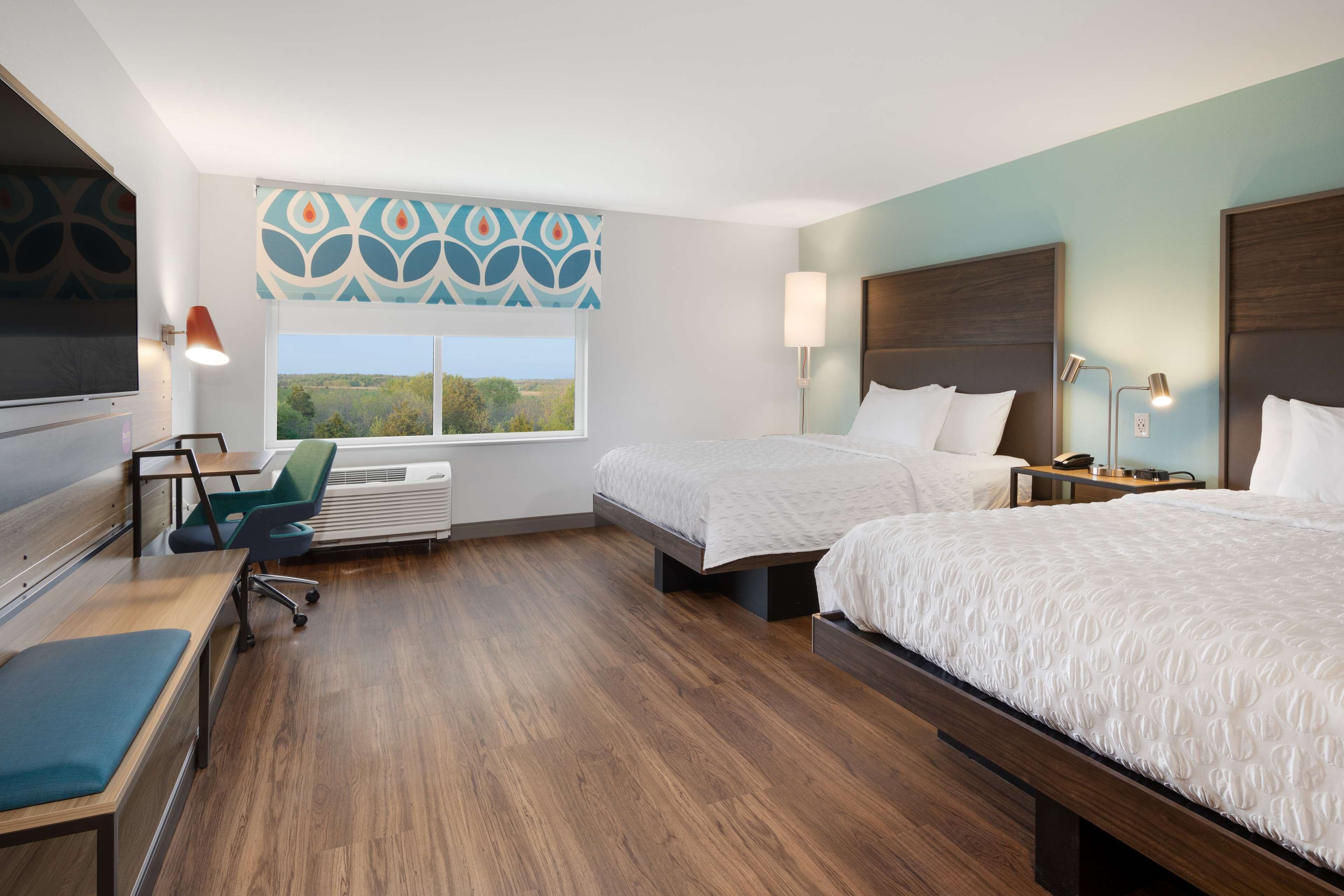 premium bedding, desk, laptop workspace, blackout curtains