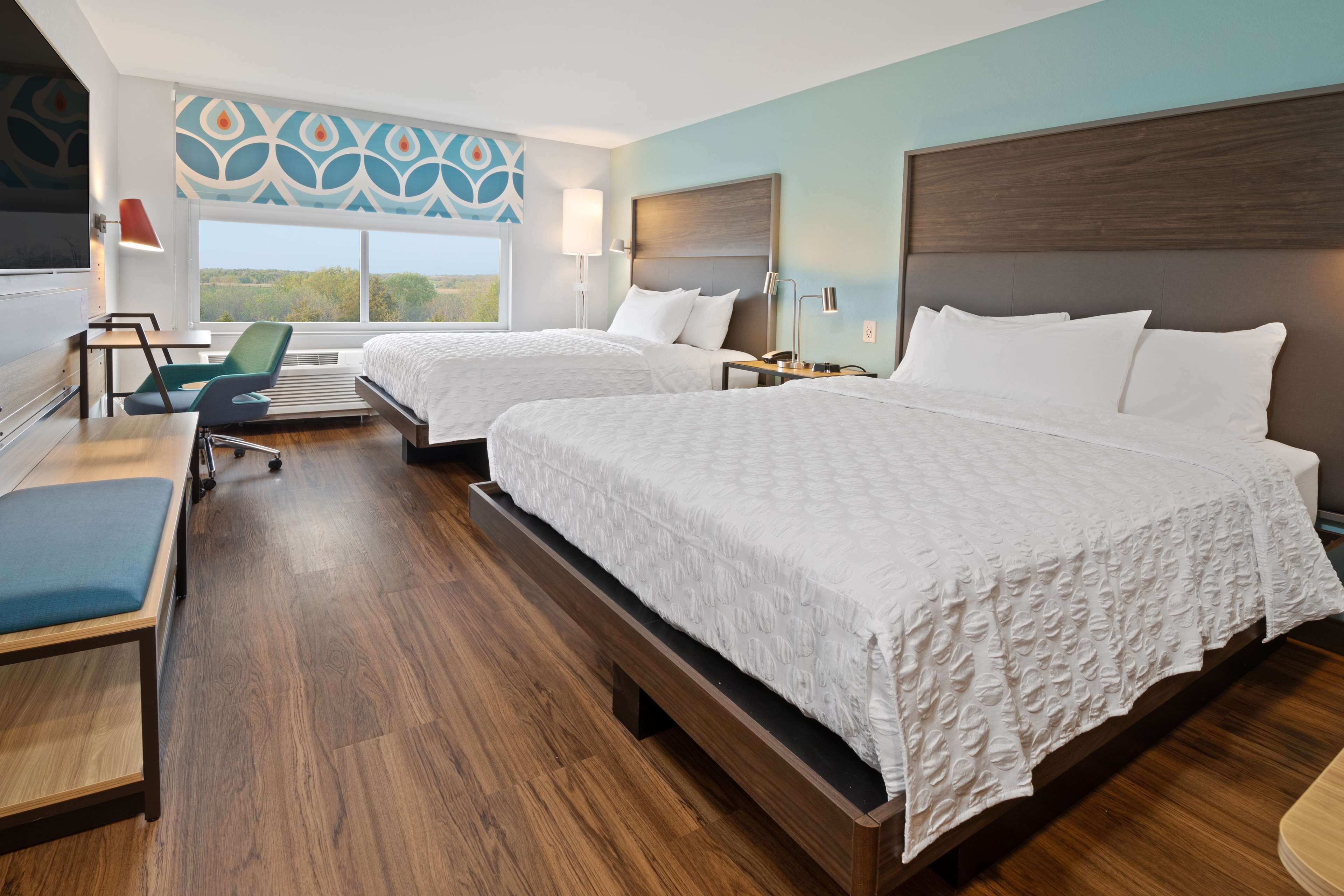 premium bedding, desk, laptop workspace, blackout curtains