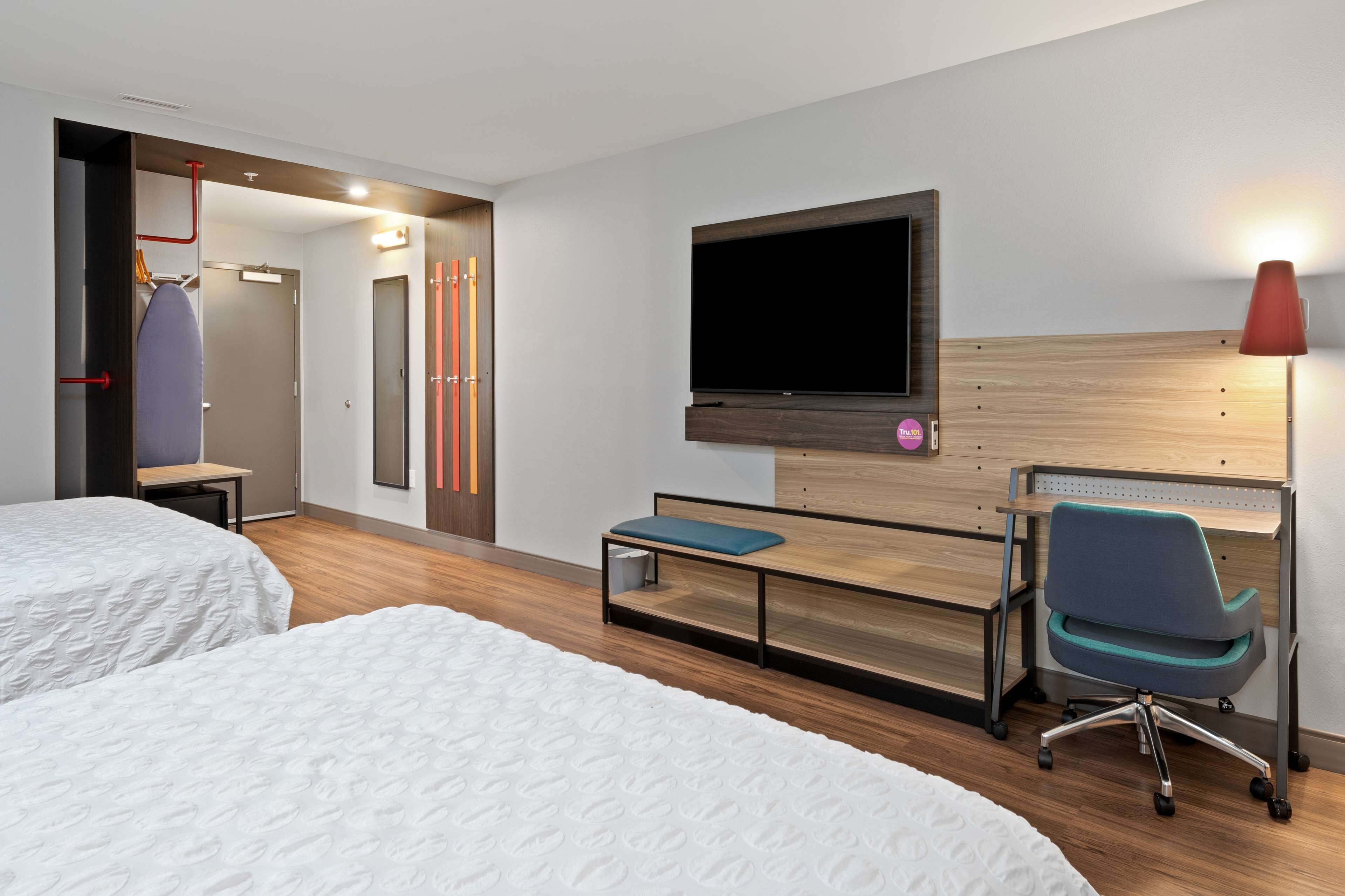 premium bedding, desk, laptop workspace, blackout curtains