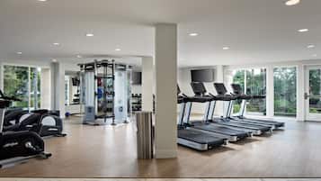 A modern gym with treadmills, elliptical machines, and weightlifting equipment.