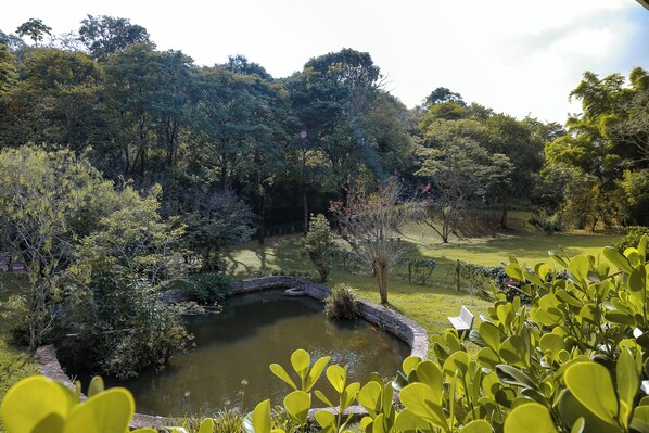 A pond surrounded by lush greenery and trees, with a stone bridge leading into the water. - Matiz Igaratá Resort, Spa e Eventos (Igarata)