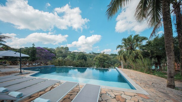 Una piscina con sillas de descanso, rodeada de baldosas de piedra y palmeras.