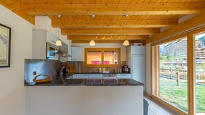 A modern kitchen with a central island, built-in appliances, and large windows offering a view of a mountainous landscape.
