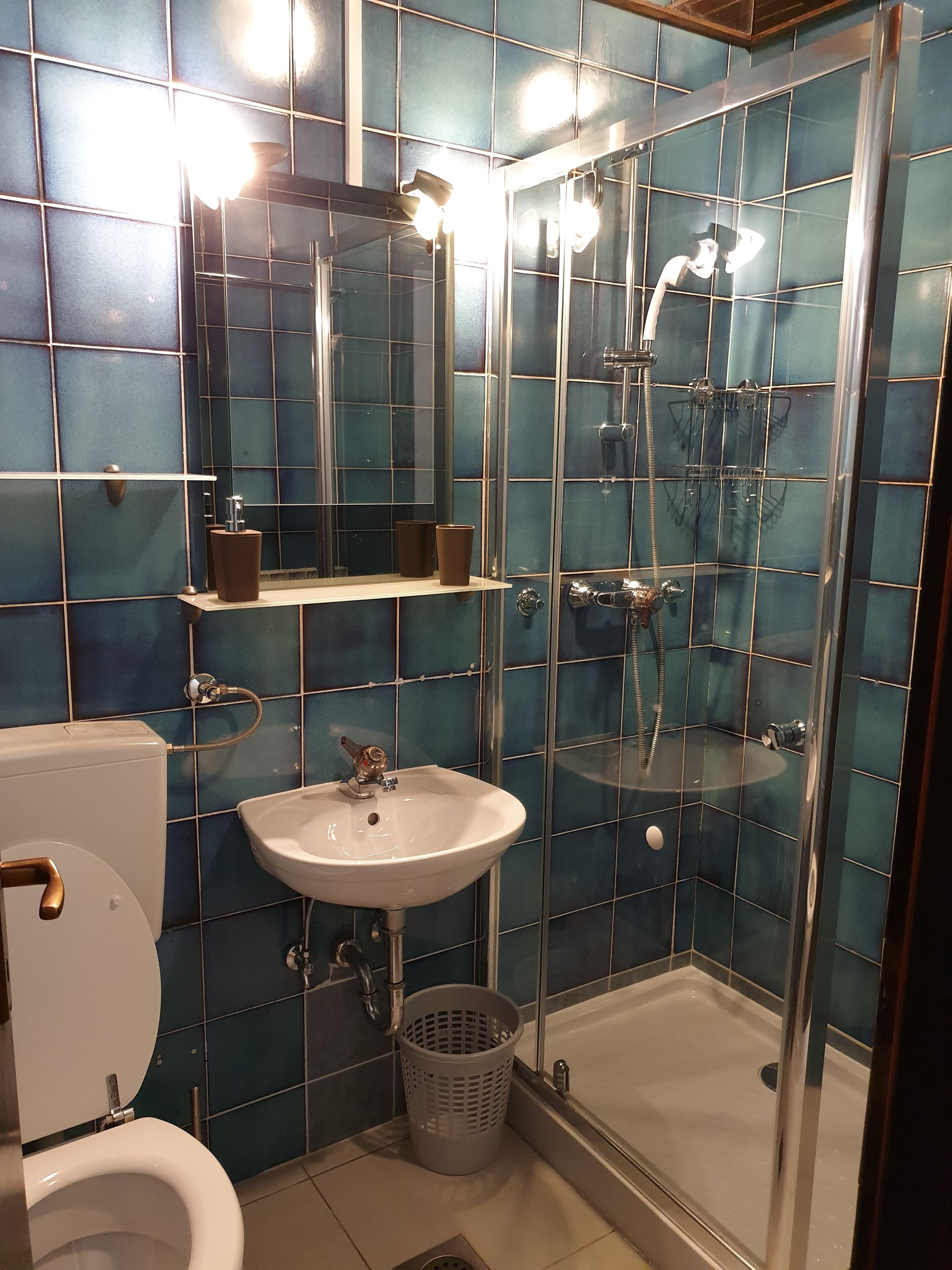 A bathroom with a toilet, sink, and glass-enclosed shower.