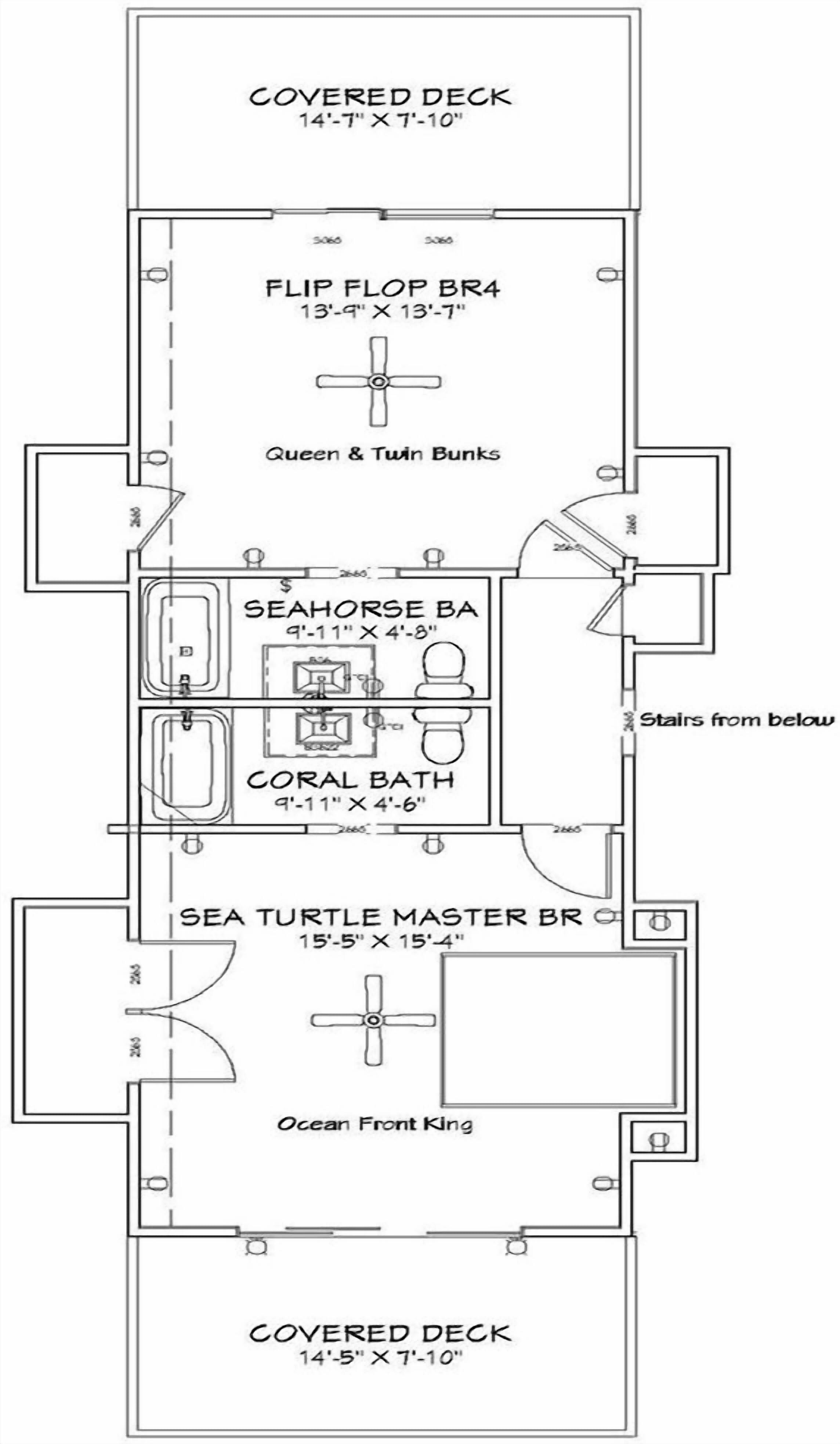 A floor plan of a boat with a covered deck, a sea turtle master bedroom, a seahorse bath, a coral bath, and twin bunks.
