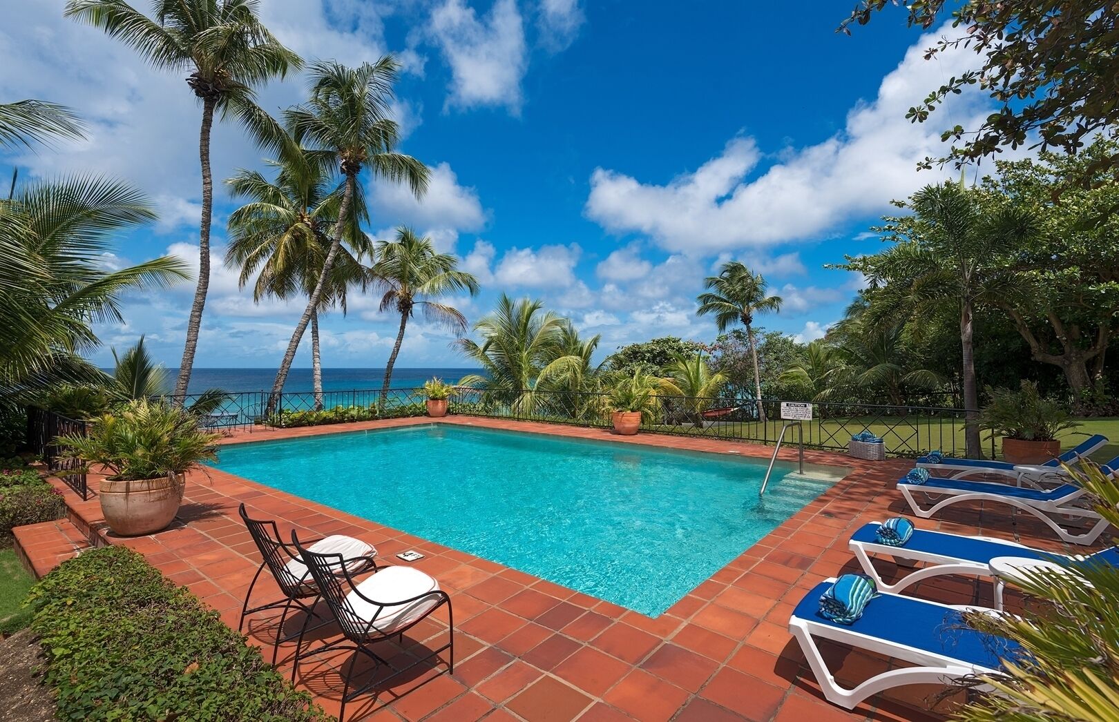 A rectangular swimming pool with a tiled deck, surrounded by palm trees and lounge chairs.