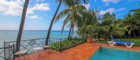 A pool area with a view of the ocean, surrounded by palm trees and a tiled deck.