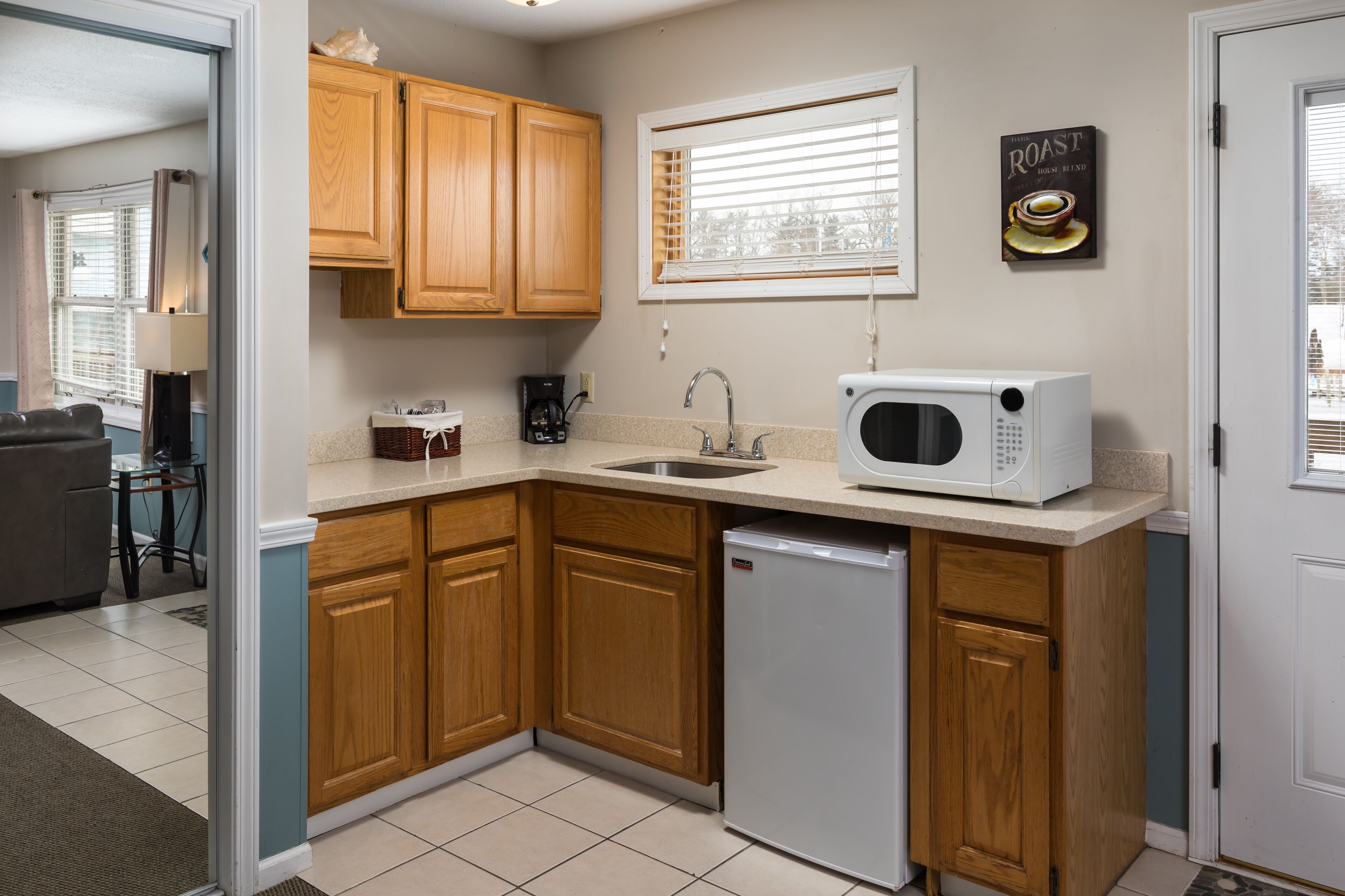 mini-fridge, microwave, coffee/tea maker, toaster