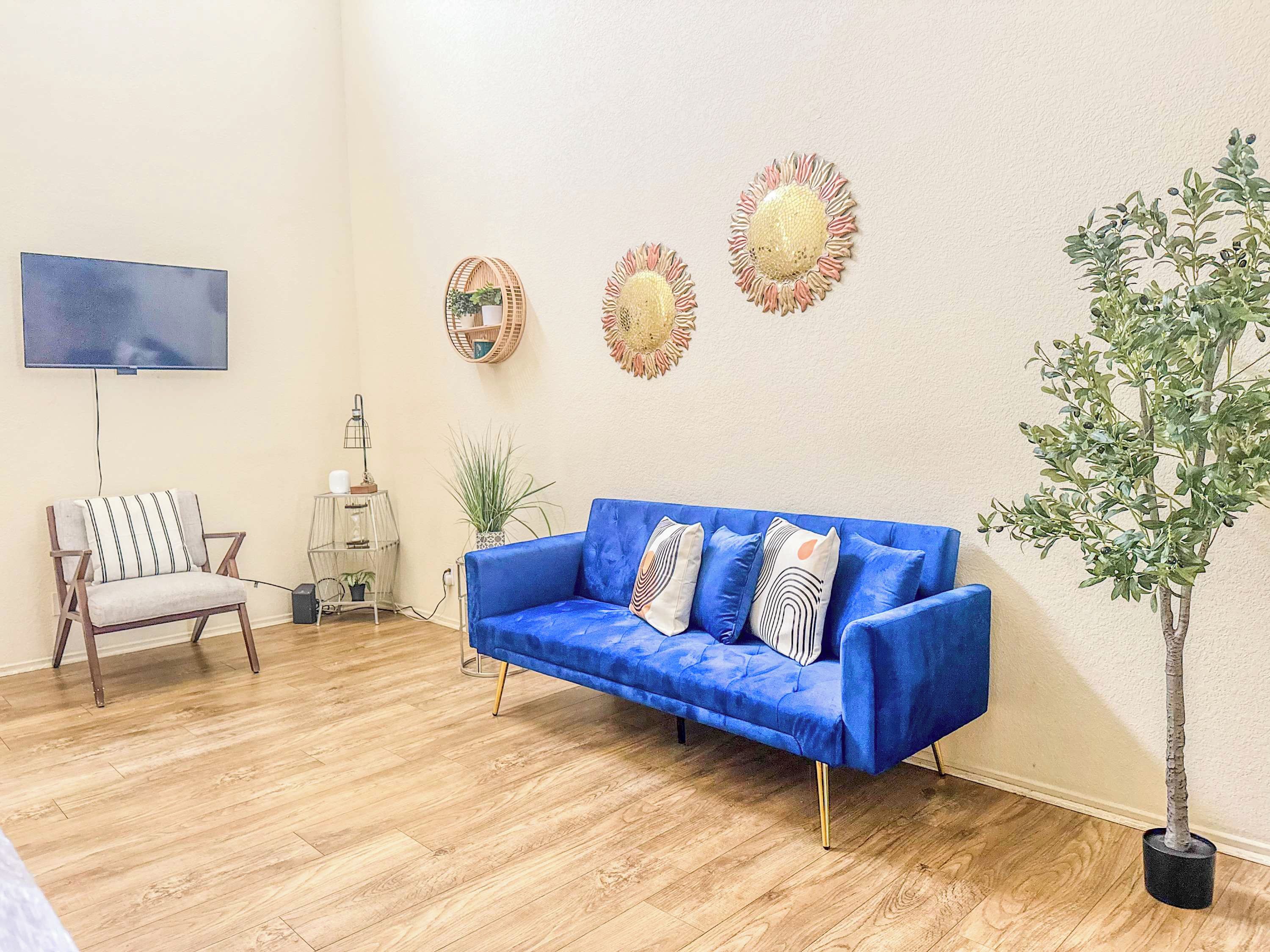 A living room with a blue sofa, a TV, a plant, and decorative wall art.