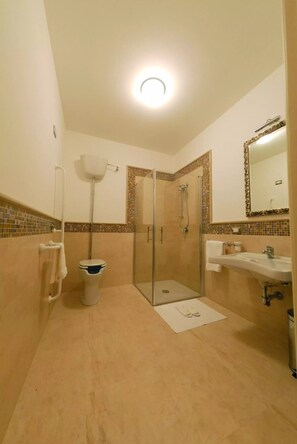 Shower, free toiletries, bidet, towels