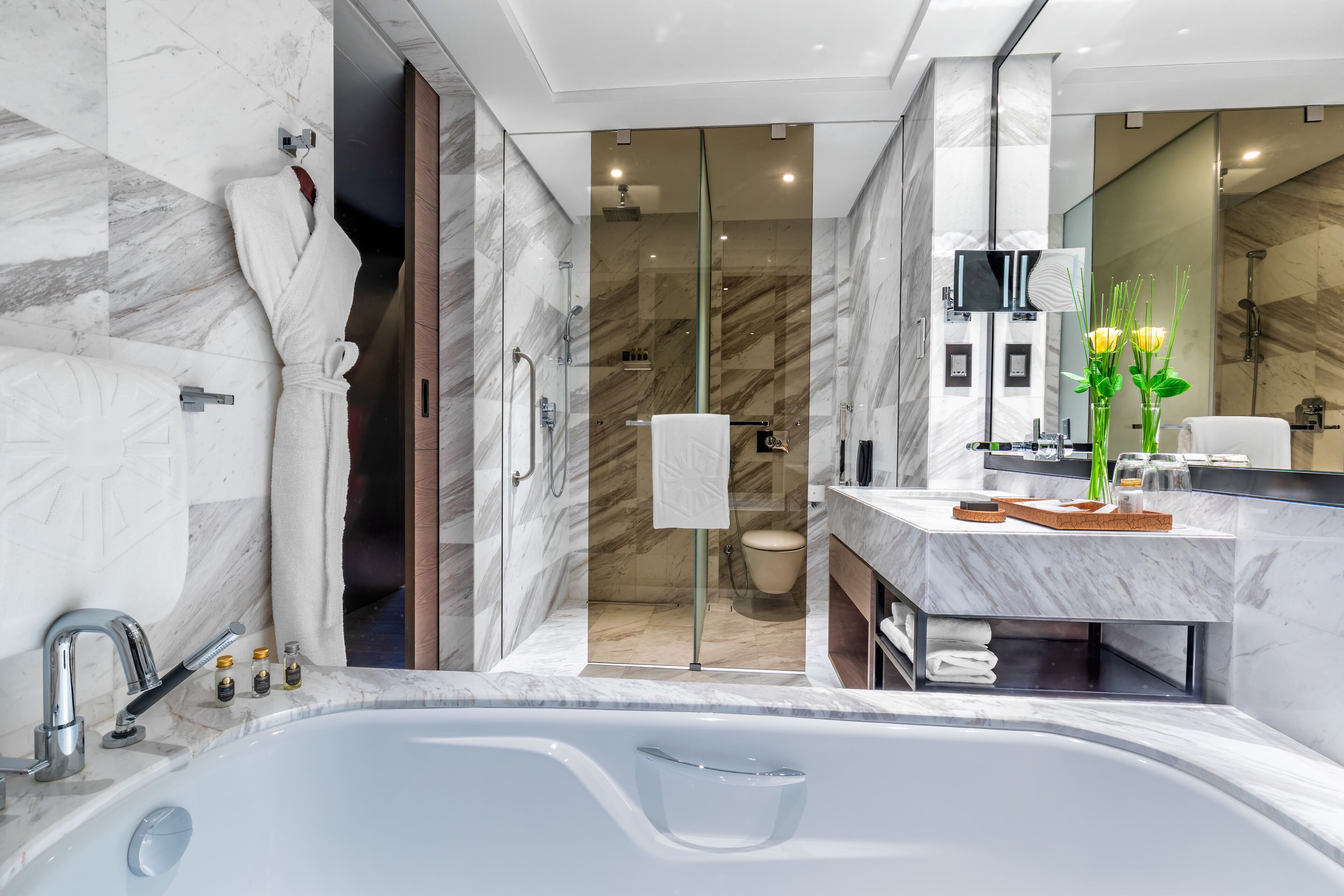 free toiletries, hair dryer, bathrobes, slippers