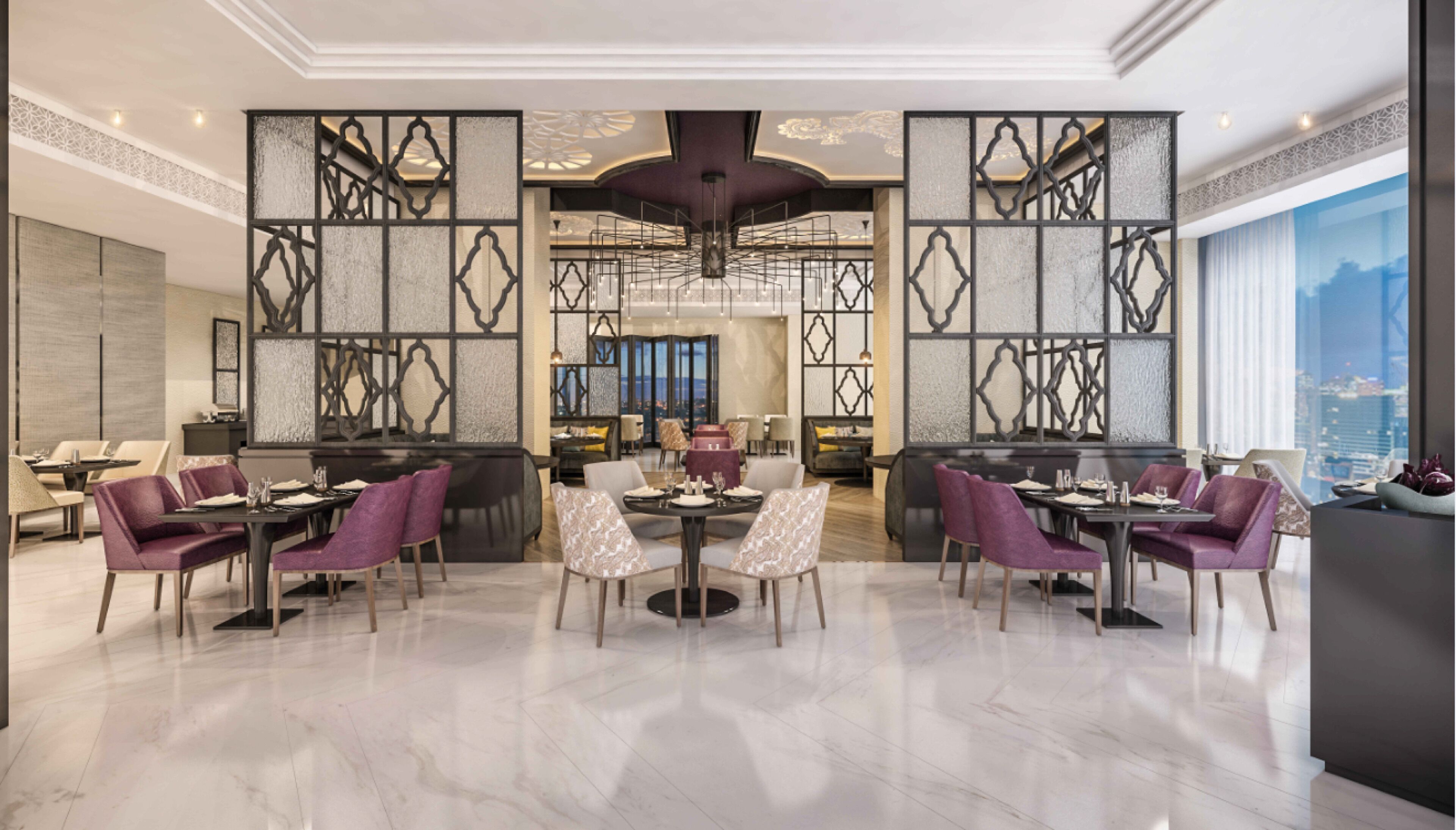 A modern dining area with marble floors, purple upholstered chairs, and a central round table.