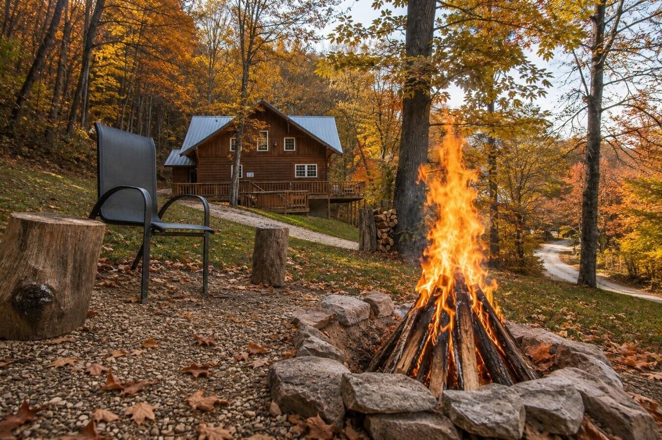 A rustic cabin with a fire pit and a chair in a forest setting.