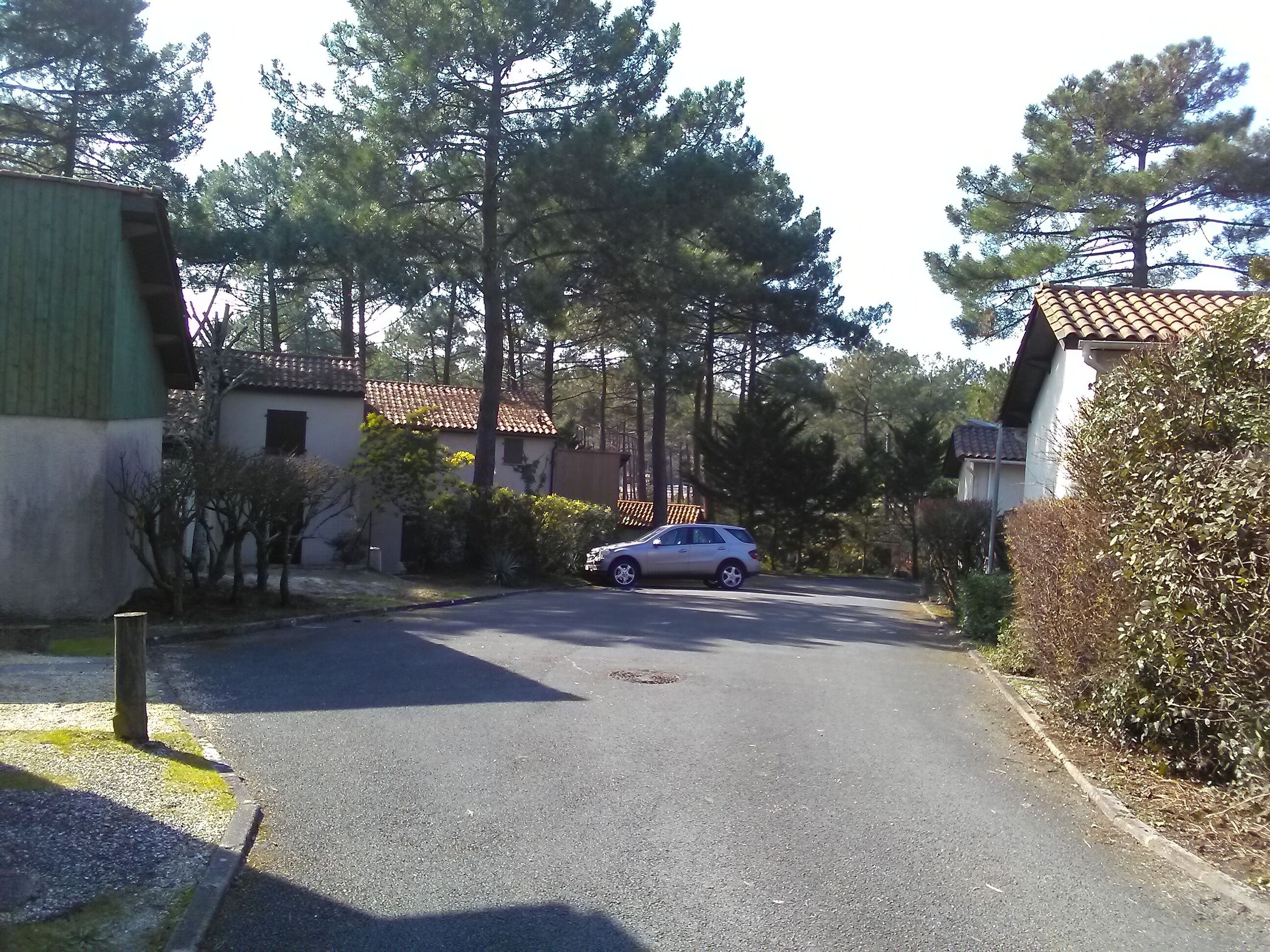 A residential street with a parked car, houses with tiled roofs, and tall trees.