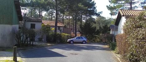 A residential street with a parked car, houses with tiled roofs, and tall trees.